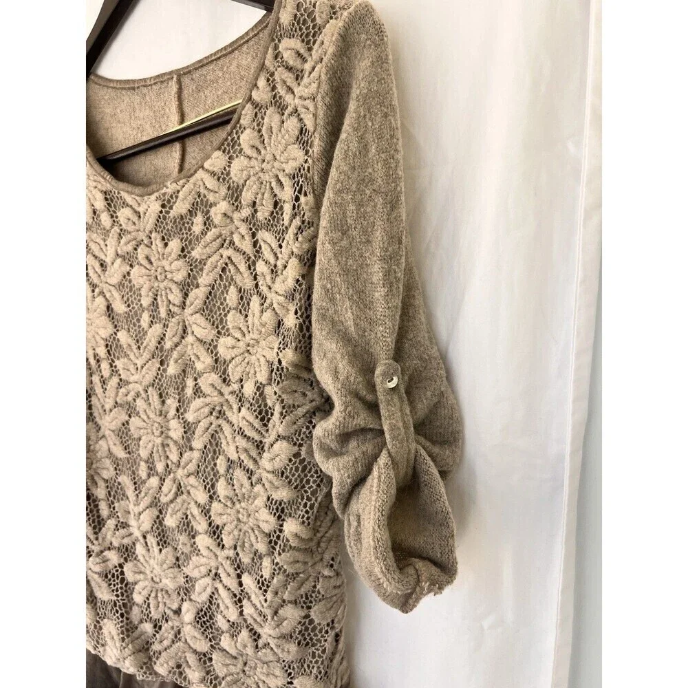 Women’s Knit Tunic Silk Top Beige Lace Floral Sheer Ruffle Hem Mori Coquette